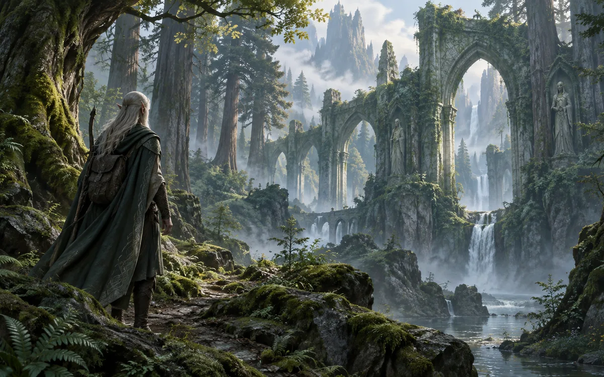 Illustration fantasy : un voyageur elfe dans une forêt ancienne